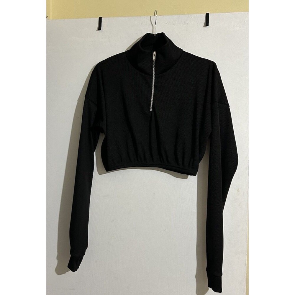 PrettyLittleThing Black Ribbed Cropped 1/2 Zip High Neck Sweatshirt US 4
